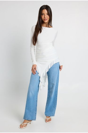 Soft Touch Long Sleeve Frilly Hem Top - white