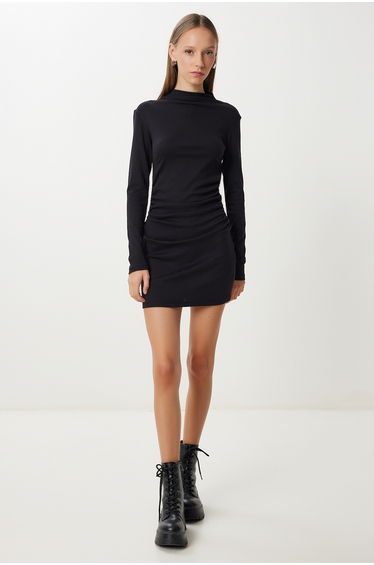 Women's Black Pleated Stretchy Mini Knit Dress