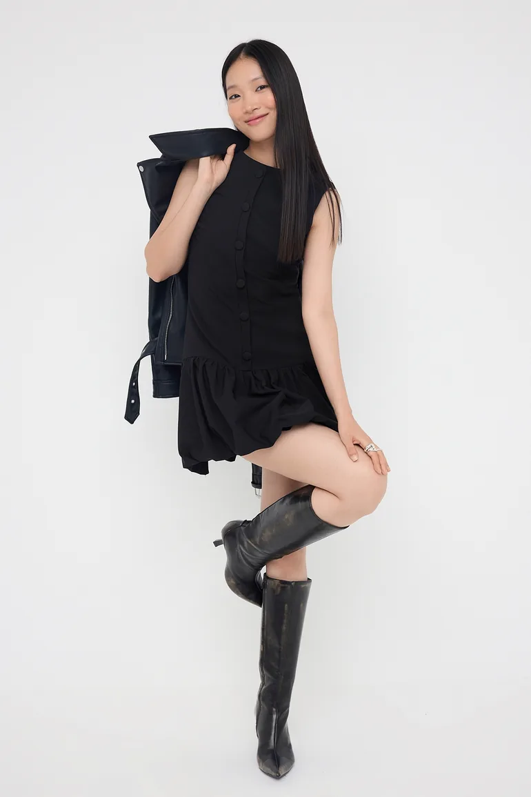 Teen Black Buttoned Balloon Skirt Short/Mini Woven Dress - 3