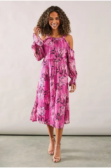 Occasion Metallic Floral Ruffle Midi Dress