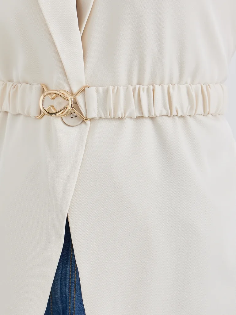 Women Off White Regular Fit Longline Sleeveless Belted Blazer - 2