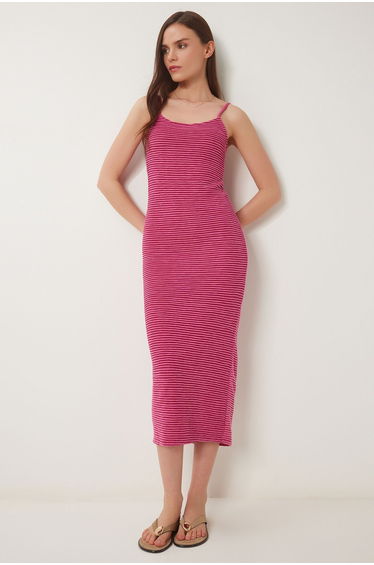 Women's Dark Pink Striped Summer Midi Knit Dress