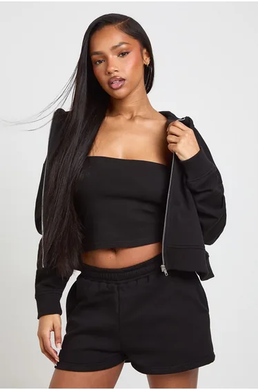 3 Piece Bandeau Hooded Short Tracksuit - black