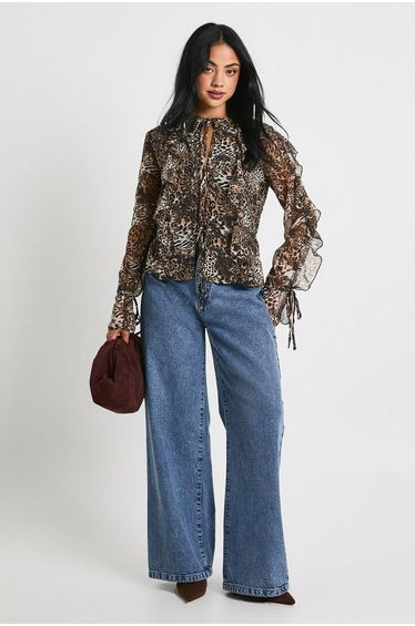 Leopard Chiffon Tie Front Blouse - brown
