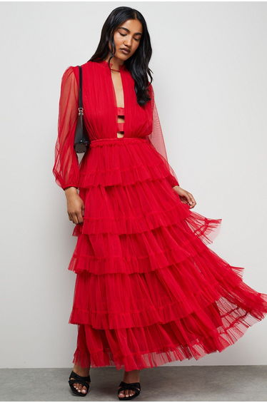 Ruffle Neck Tulle Maxi Dress