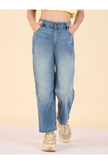 Girls Blue Cotton Blend Faded Jeans