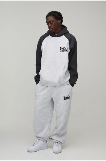 Oversized Homme Hooded Raglan Tracksuit - grey marl