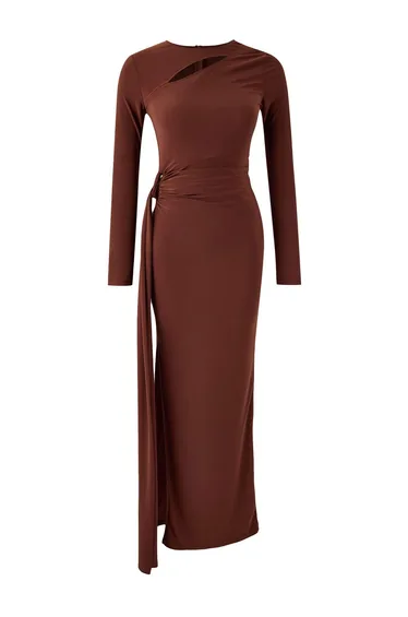 Brown Collar Cut Out Detailed Maxi Evening Dress & Graduation Dress