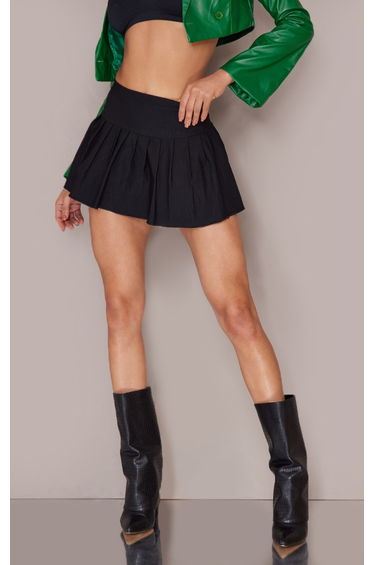Black Stretch Woven Low Rise Pleated Micro Mini Skirt