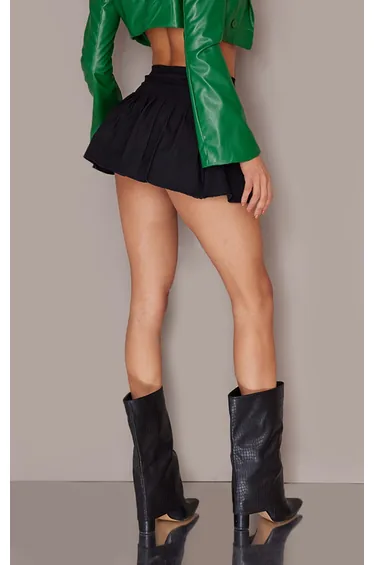 Black Stretch Woven Low Rise Pleated Micro Mini Skirt