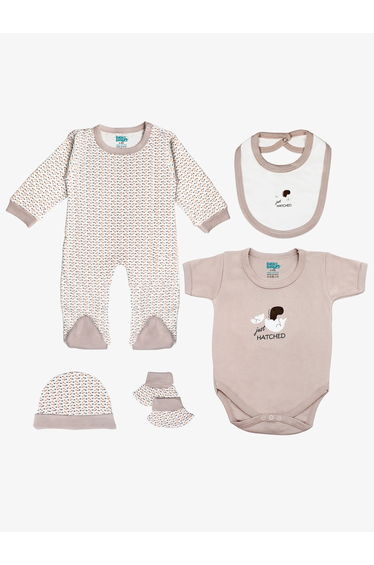 5-Piece 100% Cotton Bib, Romper, Mittens, Cap and Sleepsuit Set