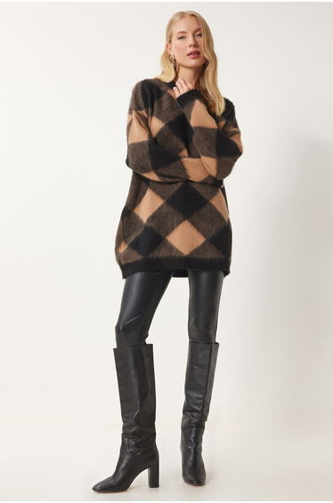 Women's Black Biscuit Plaid Patterned Textured Long Knitwear Sweater