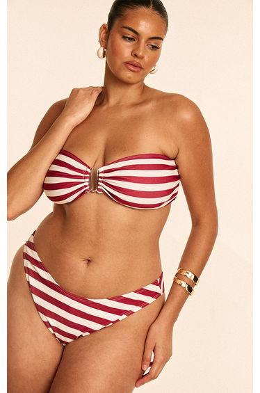 Plus Burgunday Stripe U Bar Bandeau Bikini Top