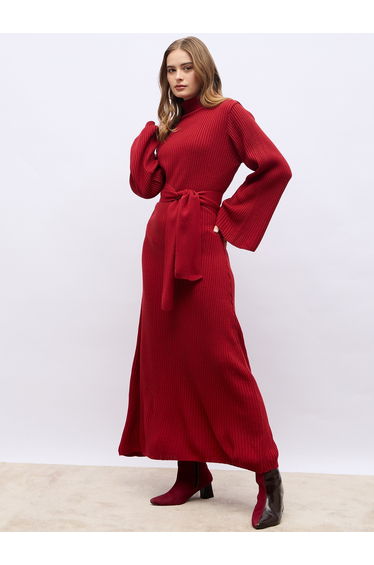Flat Knit Turtle Neck Maxi Dress with Tie-Belt