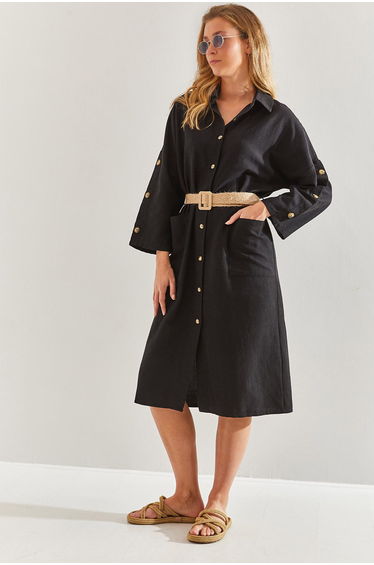 Women's Straw Belted Linen Shirt Dress