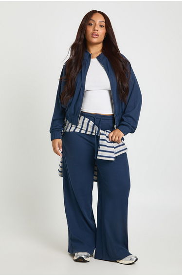 Plus Rib Funnel Neck Zip Up Jacket - navy