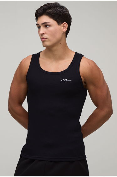 Muscle Fit Man Signature Embroidered Ribbed Vest - black
