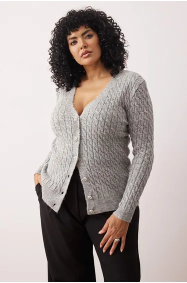Gray Knitted Jewel Buttoned Soft Feeling Knitwear Cardigan