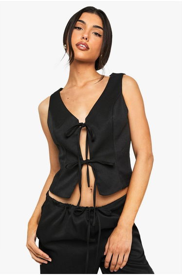 Linen Look Tie Front Waistcoat