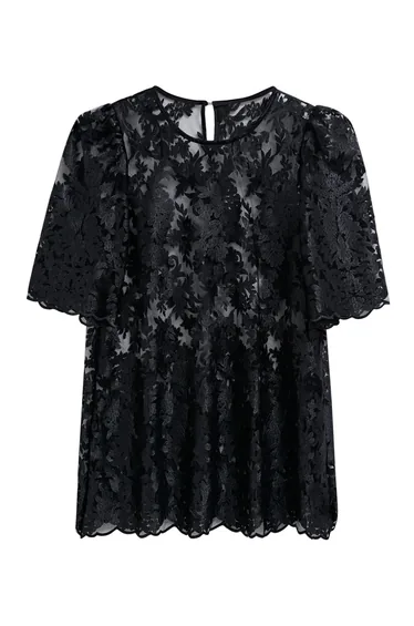 Floral Embroidered Sheer Mesh Top in Black
