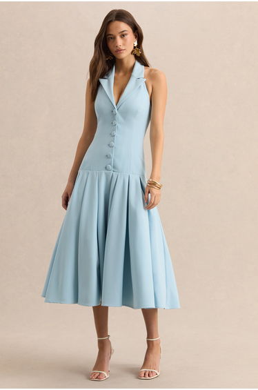 Elise | Powder Blue Plunge-Neck Midi Dress With Drop-Waist