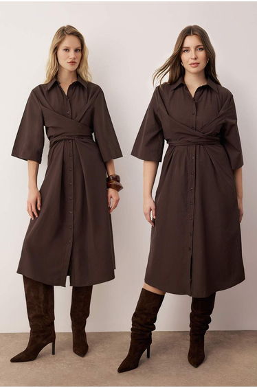 Dark brown waist belt detailed woven dress that doesn't choose the body