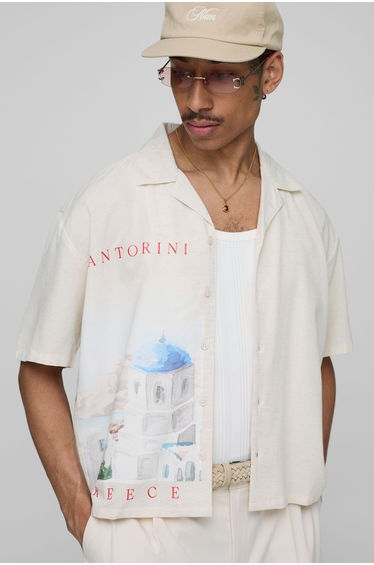 Oversized Boxy Linen Blend Landscape Shirt - ecru