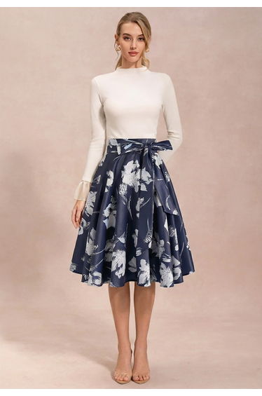 Serene Blossom Tie-Bow Satin Flare Midi Skirt in Navy for Dinner Dates & Art Openings