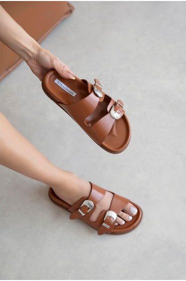 Orban Women's Buckle Detail Daily Comfort Leather Slippers Brown