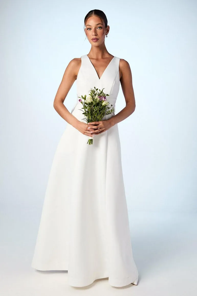 Satin Plunge V Neck Maxi Wedding Dress with Back Bow Detail