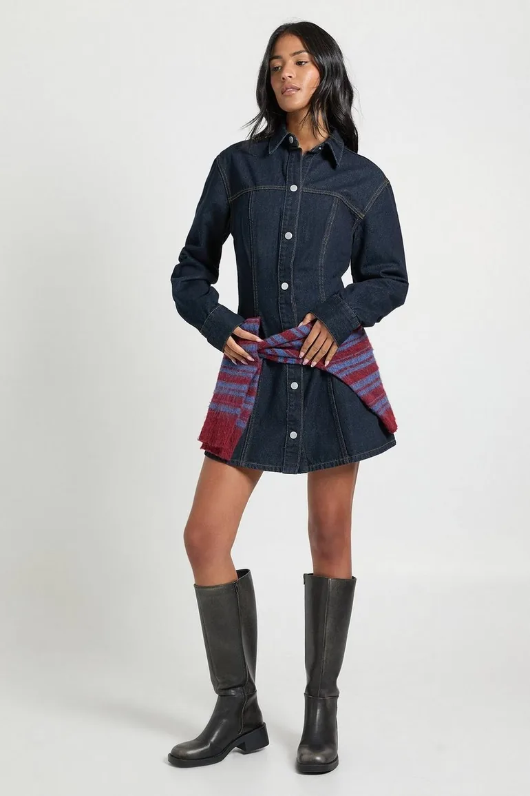 Tall Long Sleeve Cinched Waist Denim Dress - indigo