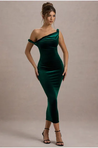 فستان مخمل أخضر ميداكسي بقصة ضيقة بكتف واحد مزموم