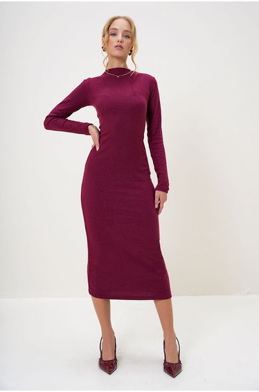 Women's Burgundy Crew Neck Long Sleeve Interlock Fabric Maxi Length Dress