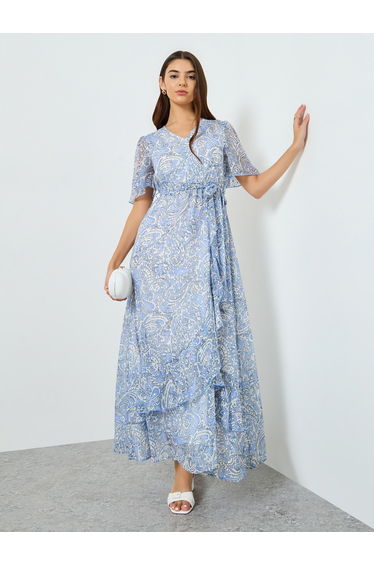 Women Blue Paisley Print Chiffon Wrap Maxi Dress