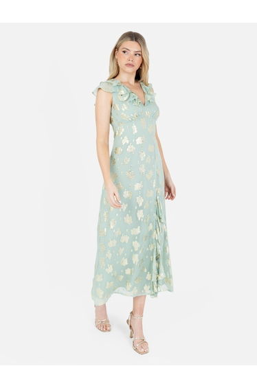 Maya Gold Floral Jacquard & Ruffle Detail Midi Dress