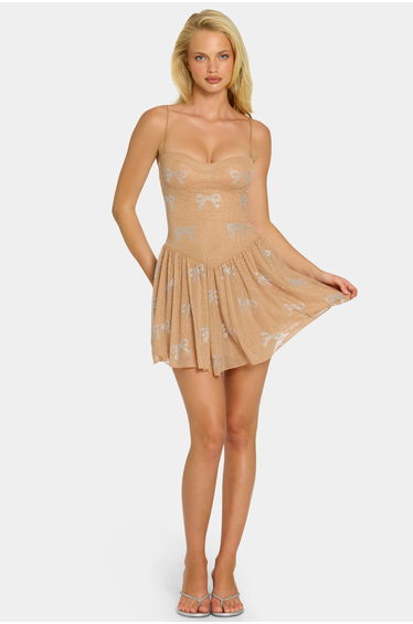 Embellished Skater Mini Dress in Almond