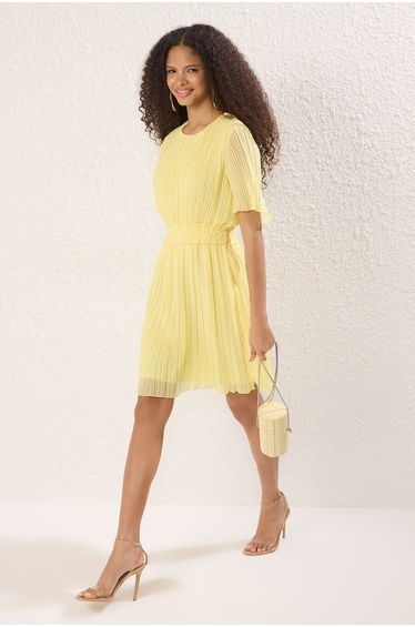 Yellow Pleated Mini Chiffon Lining Woven Dress