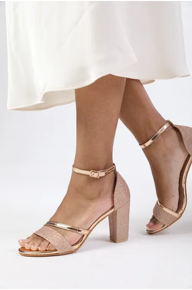 ACELINE MID HIGH BLOCK HEEL SANDALS WITH ANKLE STRAP IN ROSE GOLD