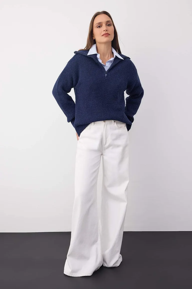 Wardrobe Essentials Navy Blue Soft-Textured Knit Sweater | - 1