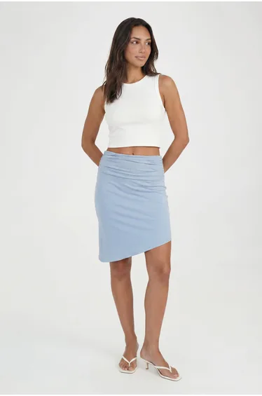 Matte Slinky Foldover Ruched Midi Skirt - blue