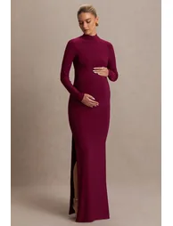 Alejandra | Burgundy Maternity Long Sleeve High Neck Maxi Dress - 3
