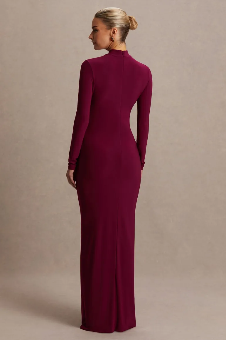 Alejandra | Burgundy Maternity Long Sleeve High Neck Maxi Dress - 1