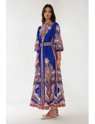 Printed Long Sleeve Maxi Dress with Belt - 1