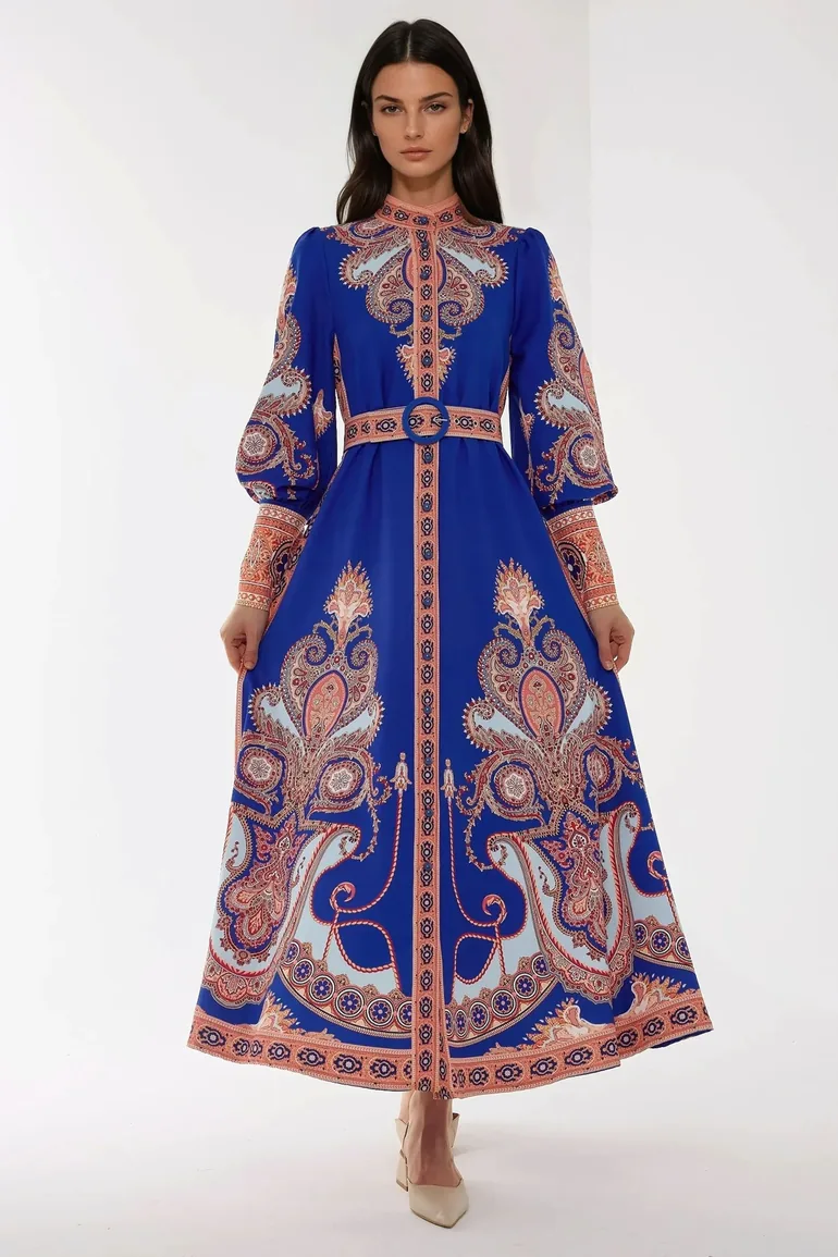 Printed Long Sleeve Maxi Dress with Belt