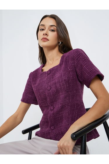 Purple Tweed Look Buttoned Top