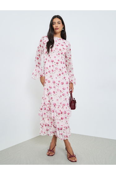 Pink Floral Print Ruffled Maxi Dress