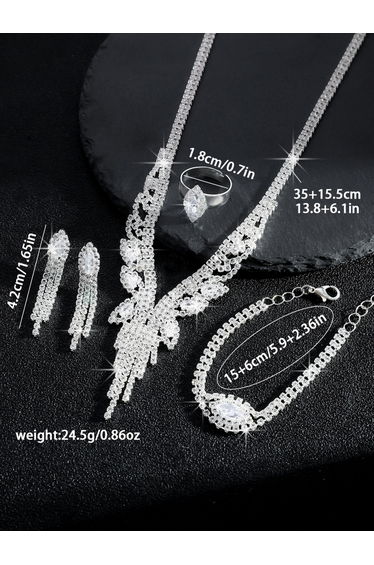 4-Piece Rhinestone Embellished Tassel Neckalce, Earrings, Ring and Bracelet Jewelry Set