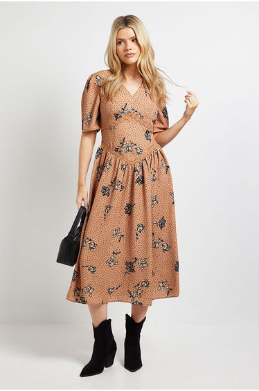 Stone Floral Lace Detail Dropped Waist V Neck Printed Midi Dress