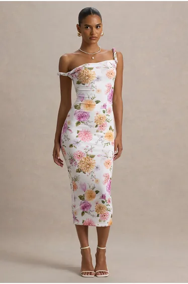 Nora | Peach And Lilac Floral Twisted Asymmetric Midi Dress