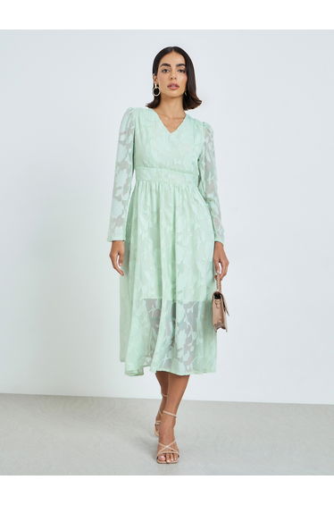 Green Floral Jacquard A-Line Midi Dress